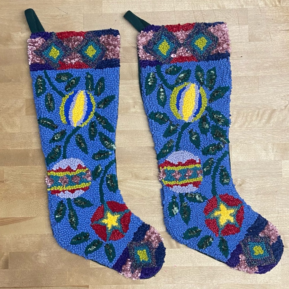 2 Vintage wool hooked Christmas Stockings